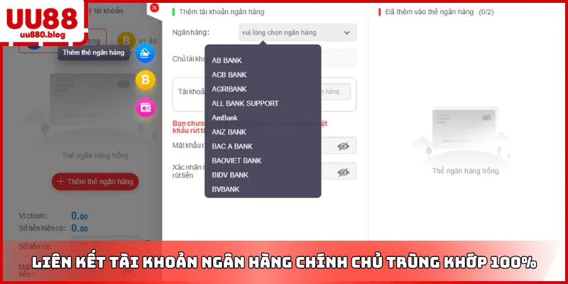 biểu mẫu thêm thẻ ngân hàng uu88