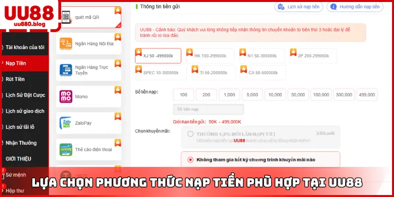 giao diện chọn kênh nạp tiền uu88