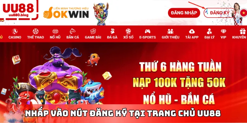 giao diện trang chủ và nút đăng ký uu88
